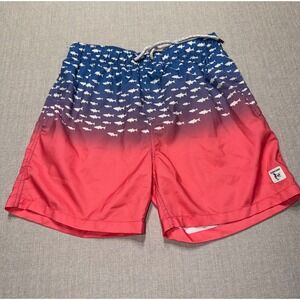 The Endless Summer Mens Shark Print Ombre Swim‎ Trunks Blue Red Medium